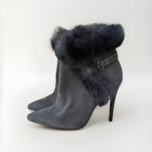 Alice & Olivia  Suede Denyson Fur-trimmed Stiletto Ankle Heeled Glam Boots 6 Y2K